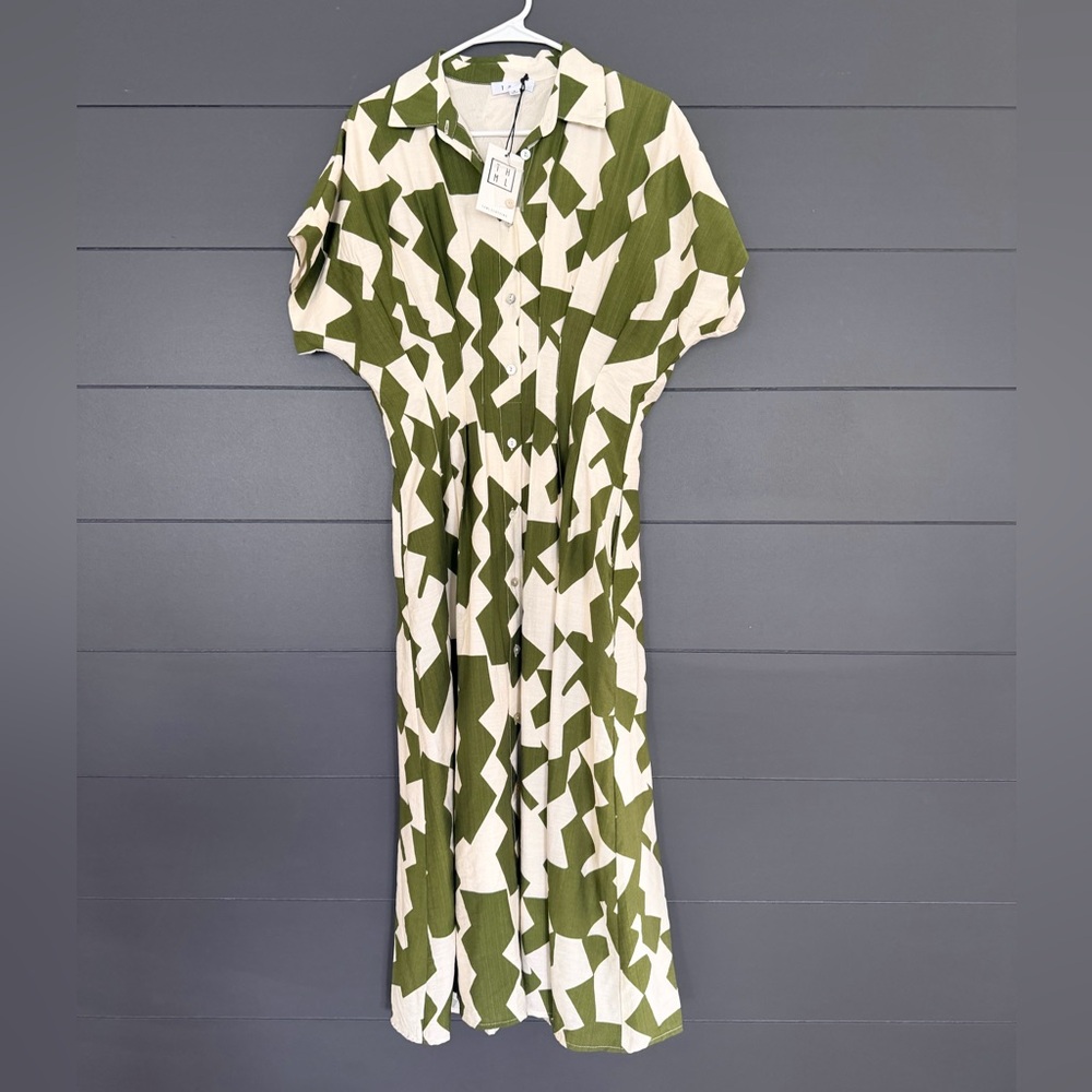 THML Olive and Cream Geometric Maxi Dress